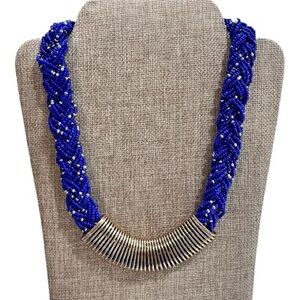Vintage Multi Strand Braided Beaded Necklace, Goldtone Accent Oval Coil Center